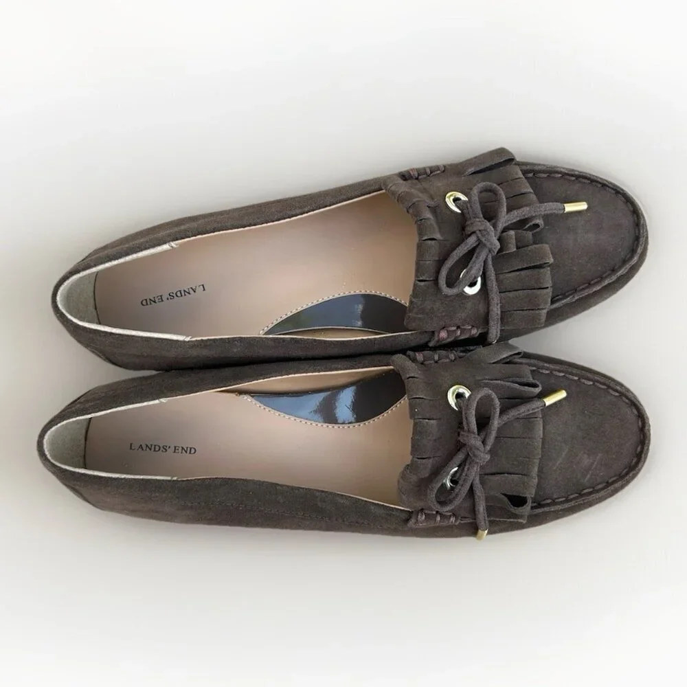 New Lands End Womens Size 8 Slip On Tassel Moccasin Brown Suede Loafers